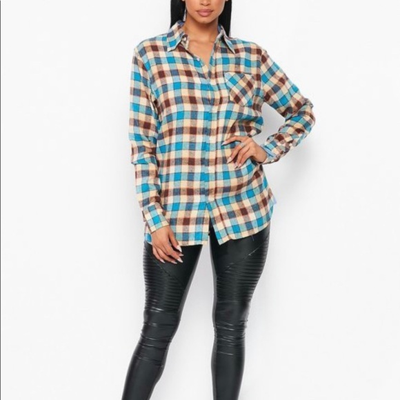 NEW FALL UNISEX TRENDY BLUE MULTI PLAID FLANNEL LONG SLEEVE BUTTON UP SHIRT - Picture 6 of 8